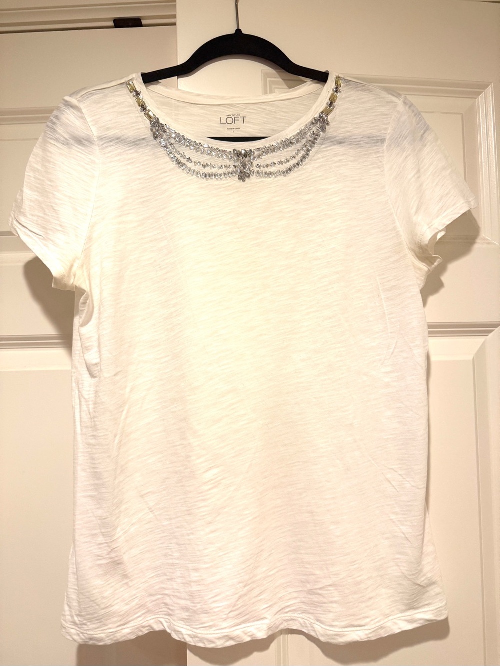 LOFT Ivory Short-Sleeve Tee with Crystal/Beaded Neckline Size L